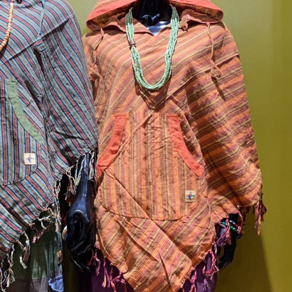 Cotton Diamond-Cut Front Pocket Hoodie Poncho - Stripes (Orange) - Picture 3 of 3